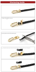 Detailed guide showing how to trim the woven PU belt length with golden buckle