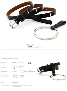 Tableau des tailles pour fine ceinture en cuir PU noir avec anneau métallique argenté