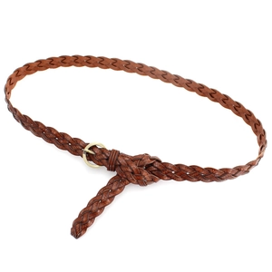 Ceinture fine tressée en cuir marron avec boucle ronde en or vintage pour femmes