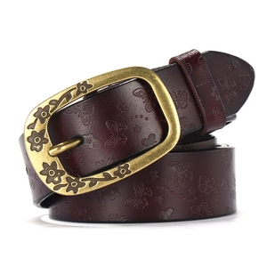 Women's vintage dark brown leather belt with butterfly flower embossing and floral buckle