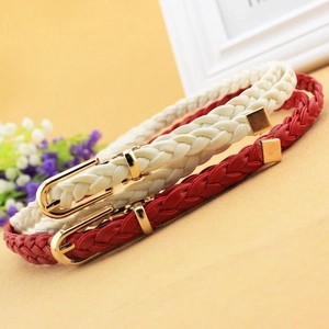Braided PU leather skinny belt with golden buckle for women dresses in white and red