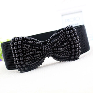 Cintura elastica alta da donna con fiocco grande decorato con perle nere alla moda