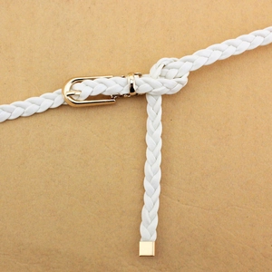 White woven PU leather skinny belt for women with elegant golden horseshoe buckle