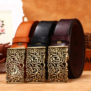 Women Vintage Split Cowhide Leather Belt With Hollow Carved Alloy Buckle Floral Embossed Wide Waistband Jeans Accessory