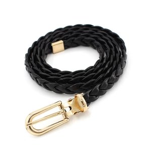 Braided black PU leather thin belt for women with shiny gold U-shaped pin buckle