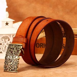 Vintage brown embossed leather belt for women with hollow floral bronze metal buckle