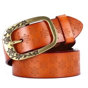 Vintage brown leather belt for women with embossed daisy patterns and bronze buckle