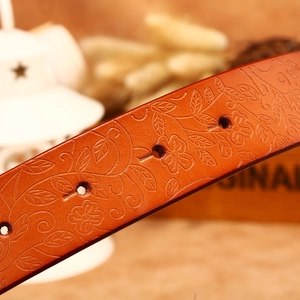 Floral embossed brown leather wide belt for women with vintage carved patterns