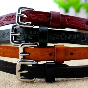 Vintage Floral Embossed Genuine Leather Skinny Belt For Women Fashion Thin Waistband With Alloy Pin Buckle Decorative Belt