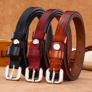 Thin leather belts for women with floral embossing and silver metal buckle in three colors