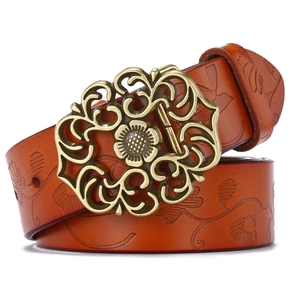Ceinture femme en cuir embossé floral avec boucle évidée en laiton de style rétro