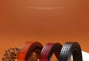 Detailed view of hollow leather belts in caramel, burgundy, and black with pin buckles
