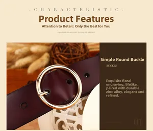 Detail of round golden zinc alloy buckle on premium dark brown leather belt for women