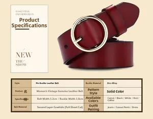 Detail of dark red leather belt featuring a round gold alloy buckle and sizing specs