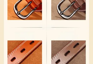 Macro view of genuine leather belt stitching and polished gunmetal buckle details