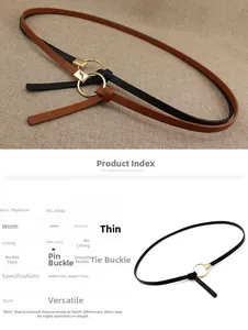 Vue détaillée des ceintures fines en simili cuir avec boucles rondes dorées noir et marron