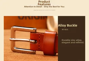 Detail of genuine brown leather belt with silver zinc alloy pin buckle and fine stitching