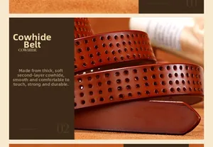 Macro detail of brown cowhide leather belt featuring precision round hollow cut-outs