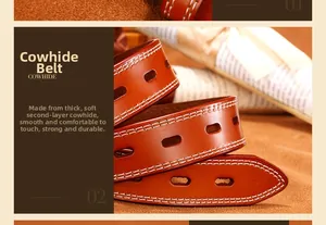 Detailed view of dark brown cowhide leather belt with white double stitching and oval holes