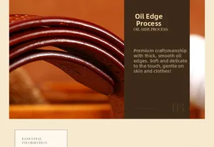 Detail view of smooth oil edge finish on dark reddish brown leather belt strap