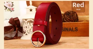 Detailed close-up of a premium red leather belt featuring a polished golden circular buckle