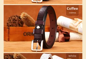 Close-up of a vintage dark coffee leather belt with silver buckle and hollow dots