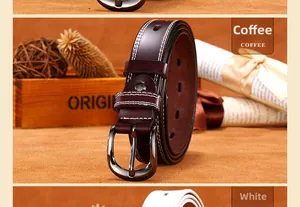 Close-up of leather belt with double white stitching and gunmetal buckle detail