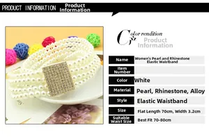 Detail of multi-row pearl elastic belt with square rhinestone buckle for women
