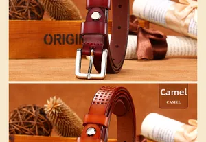 Detailed view of women's hollow cowhide leather belts in burgundy and camel with pin buckles