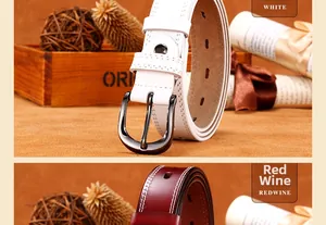Detail of white and red wine leather belts with white stitching and alloy pin buckles