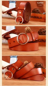 Macro detail of camel genuine leather belt with a large polished round golden buckle