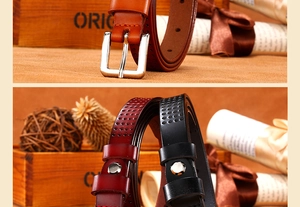 Close-up of slim cowhide leather belts with geometric hollow punch and pin buckles