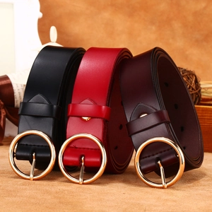 Women Fashion Split Leather Belt With Golden Round Alloy Buckle Vintage Solid Color Waist Strap Jeans Dress Accessories