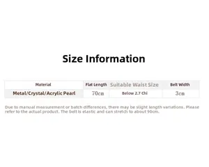 Detailed size chart for pearl elastic waist belt showing dimensions and material specifications