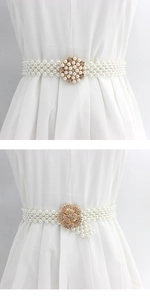 Detail view of multi-row pearl elastic belts with elegant gold rhinestone buckles