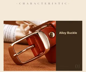 Detailed macro view of high-quality brown leather belt with polished gold alloy pin buckle