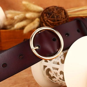 Deep burgundy leather belt with a golden round buckle for women jeans and accessories