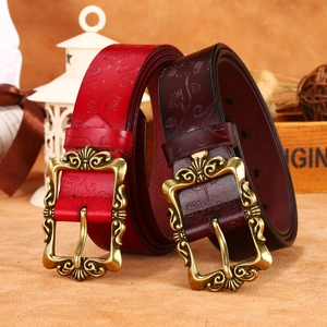 Ceintures en cuir vintage avec gaufrage floral et boucle en bronze pour femme, deux tons