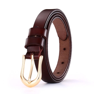 Slim dark brown leather belt for women featuring a polished gold U-shaped pin buckle