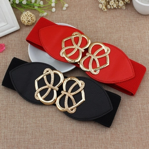 Elastic Wide Waist Belt Heart Shape Interlocking Metal Buckle PU Leather Stretchy Waistband For Dress Women Decoration