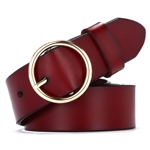 Deep wine red leather belt for women with elegant golden round metal buckle