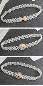 Detailed view of elastic pearl waist belts featuring elegant golden alloy floral buckles