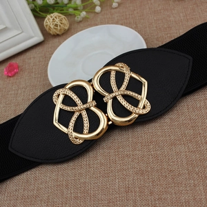 Elastic black wide waist belt with golden heart-shaped metal buckle for dresses