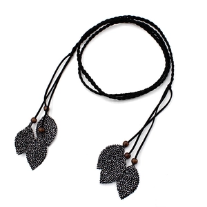 Ethnic woven black waist chain with wooden beads and white polka dot leaf pendants