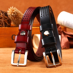 Slim hollowed-out leather belts for women in black and burgundy with silver pin buckle