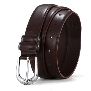 Ceinture femme en cuir marron foncé avec boucle argentée gravée de motifs floraux