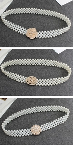 Detailed comparison of three-row pearl waist belts with different gold floral buckles