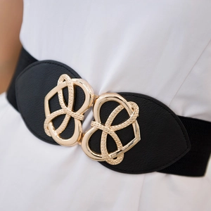 Women's black elastic waist belt with gold heart-shaped buckle for down jackets and dresses