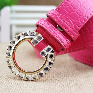 Rose red PU leather belt with crocodile pattern and golden rhinestone encrusted buckle