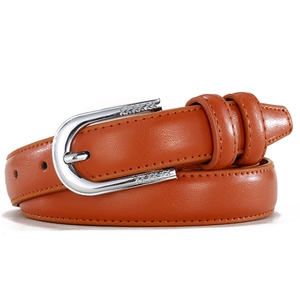 Ceinture fine en cuir marron pour femme avec boucle argentée gravée de motifs floraux